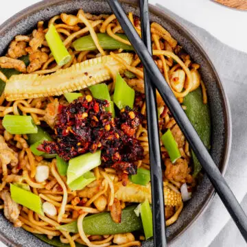 Hoisin Pork Noodles with crispy chilli oil