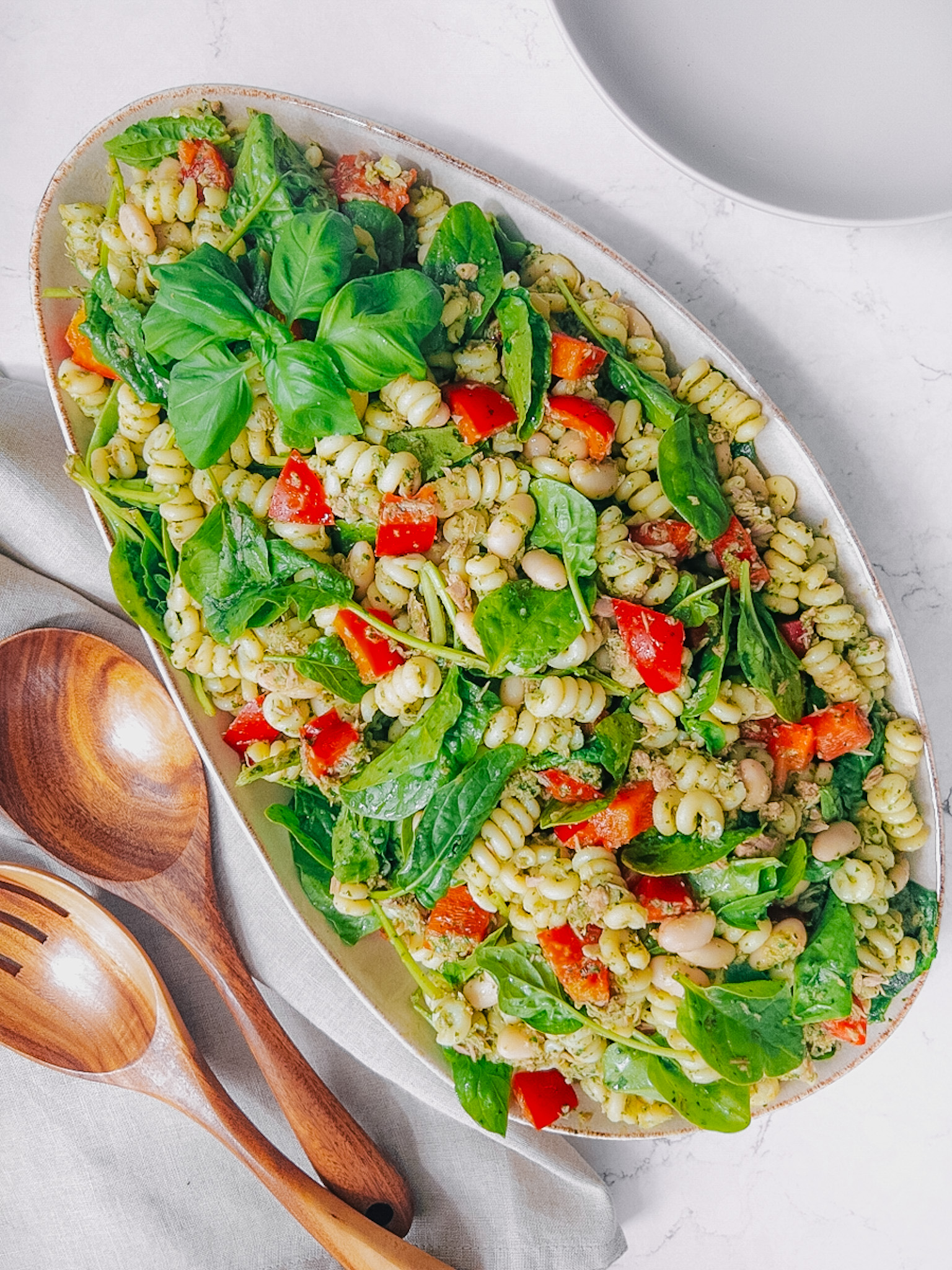 Tuna Pasta Salad (without mayo) with basil parsley dressing