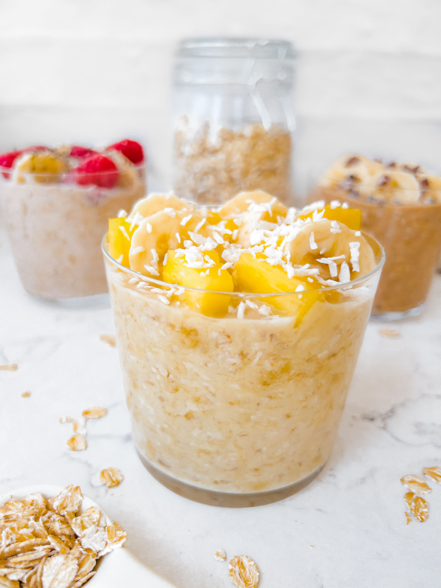 Banana Overnight Oats 3 Ways - tropical overnight oats banana pineapple coconut