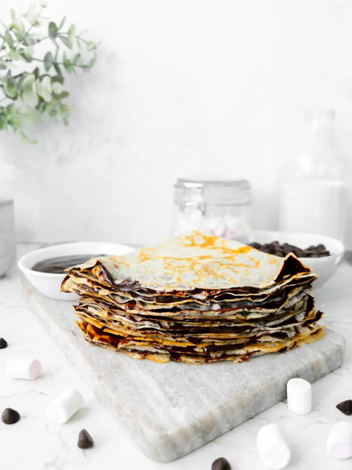 Chocolate Marshmallow English Pancakes - pancake stack - family recipes