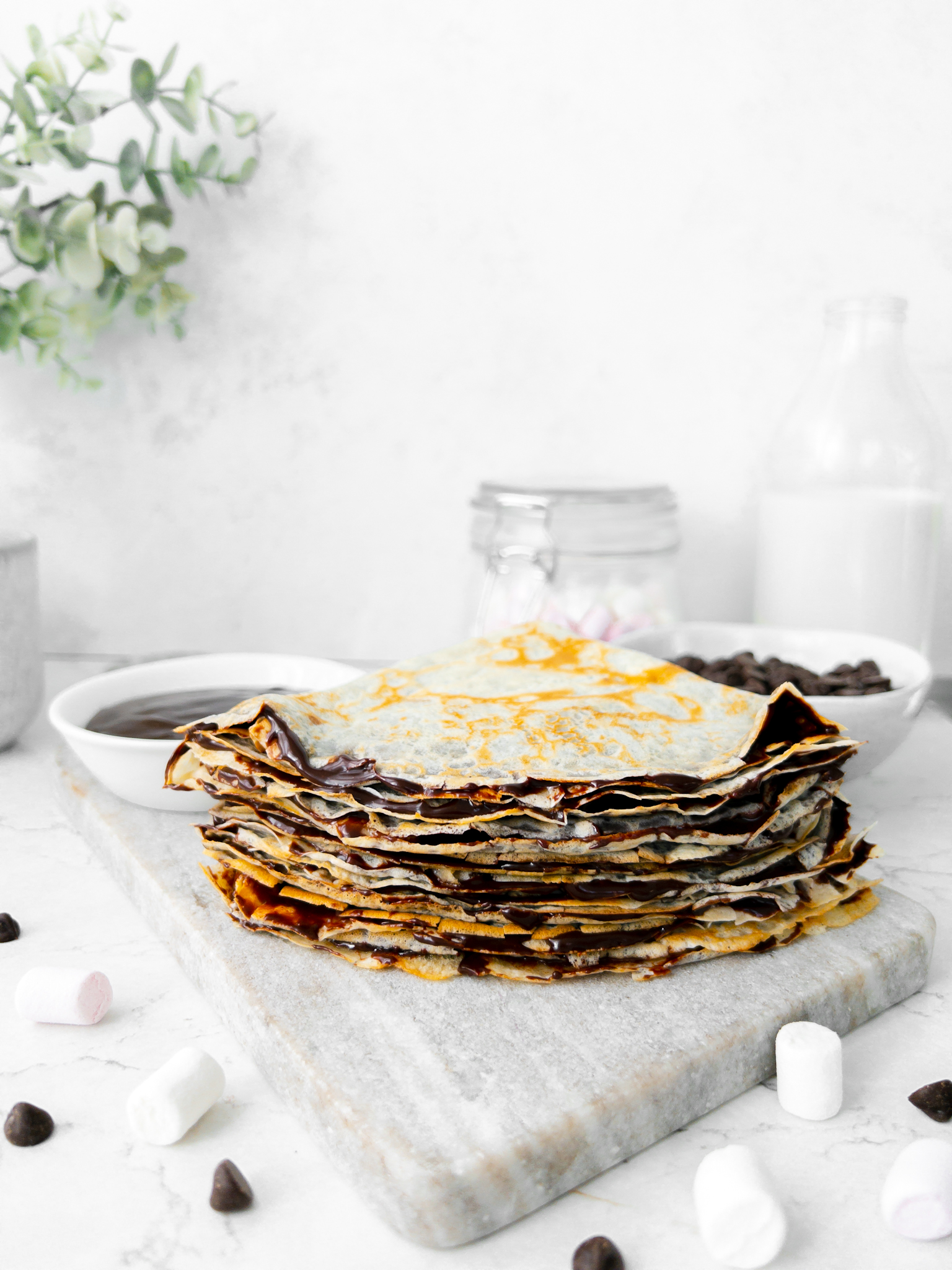 Chocolate Marshmallow English Pancakes - pancake stack - family recipes