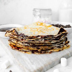 Chocolate Marshmallow English Pancakes - pancake stack - family recipes