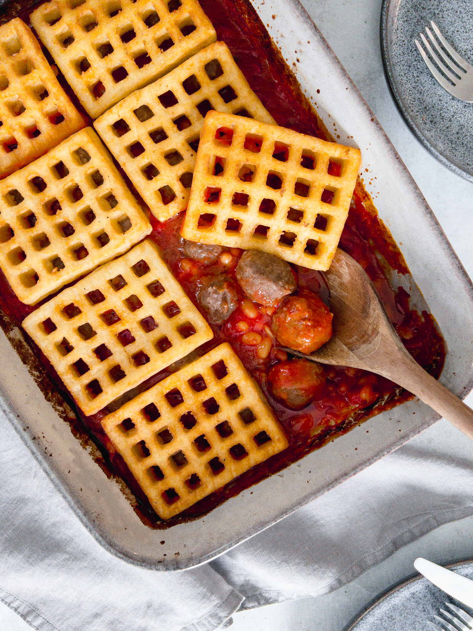 Meatball Baked Bean and Potato Waffle Pie - family meals