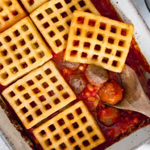 Meatball Baked Bean and Potato Waffle Pie - family meals