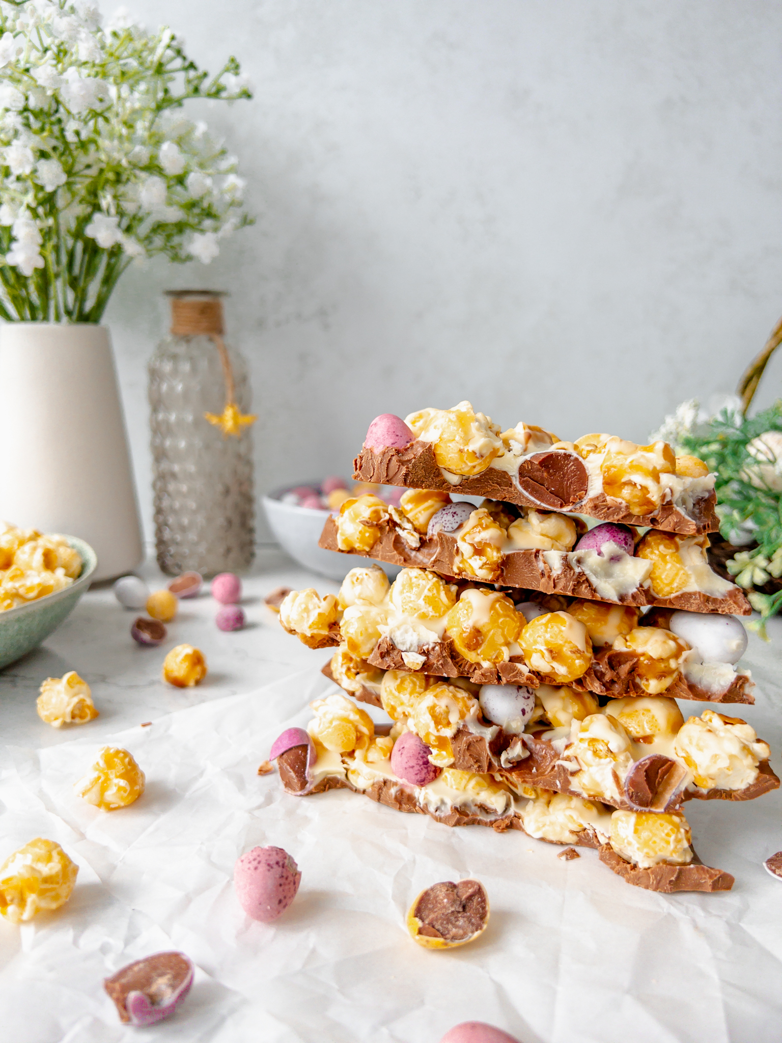 Easter Chocolate Bark with Popcorn -Mini Egg Popcorn Bark