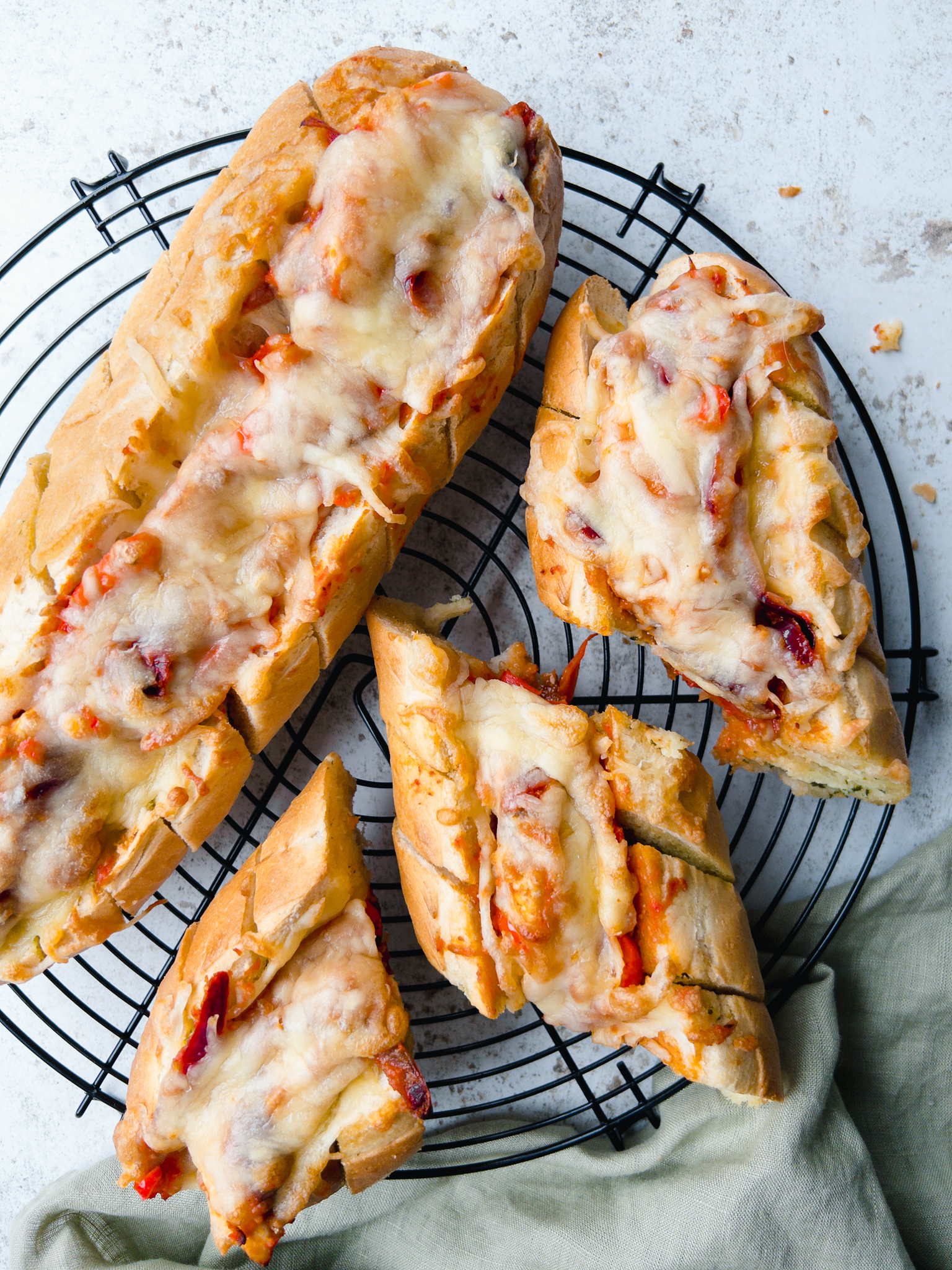 Cheesy Chicken Garlic Bread - with red pesto peppers and onion