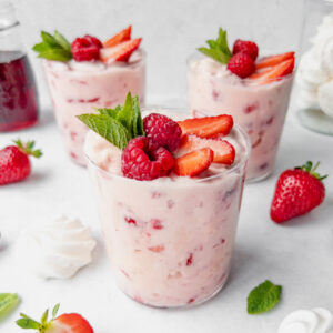 Quick Eton Mess with ready made meringue and shop bought strawberry sauce - family recipes