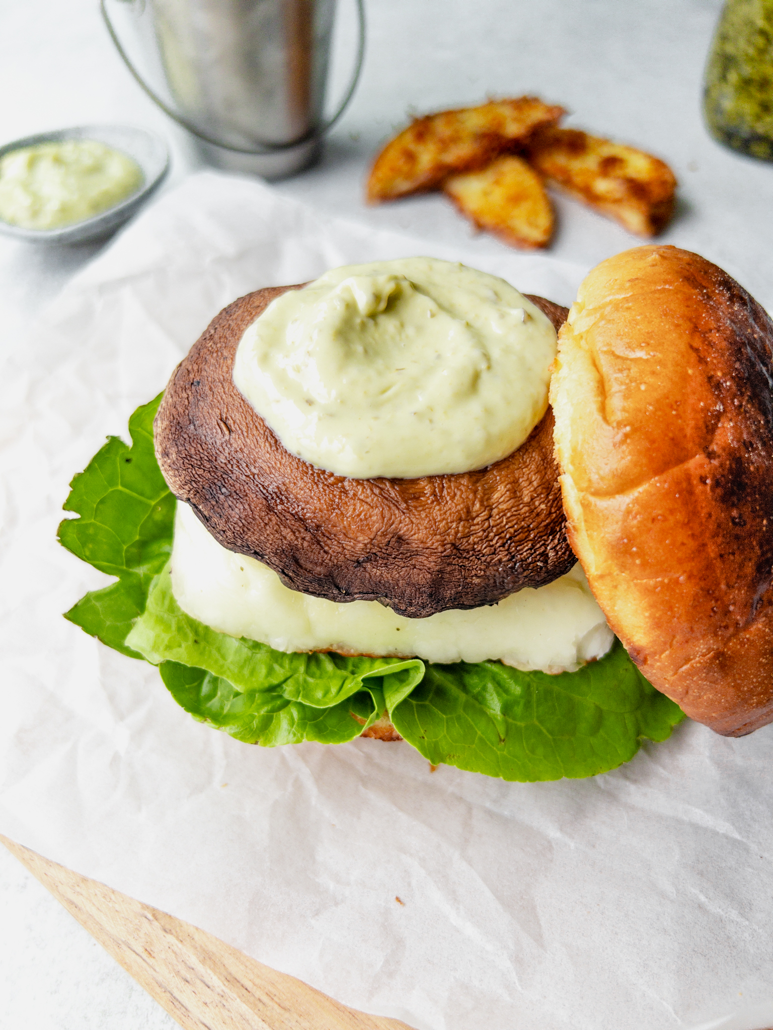 Halloumi and Mushroom Burgers with Pesto Mayo