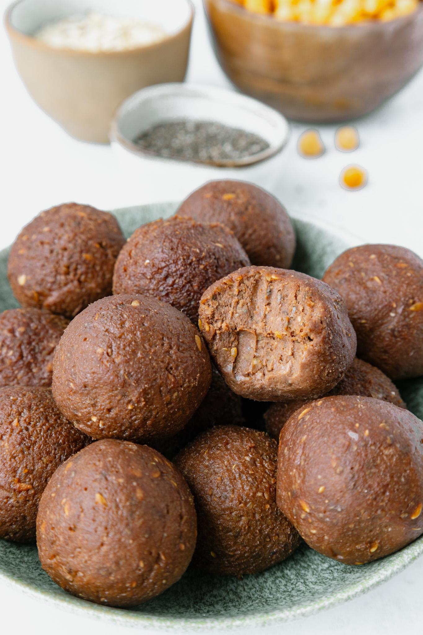Protein balls with flax seeds, chia seeds, oats, peanut butter and cocoa powder
