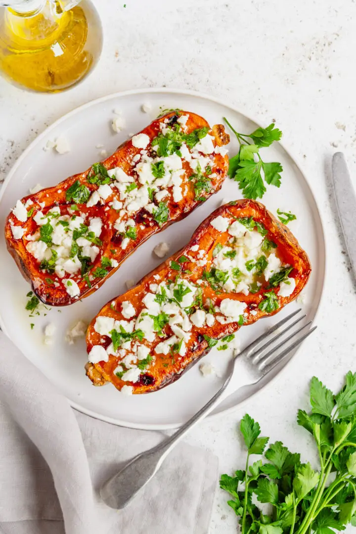 Baked Butternut Squash with Feta and lemon herb dressing