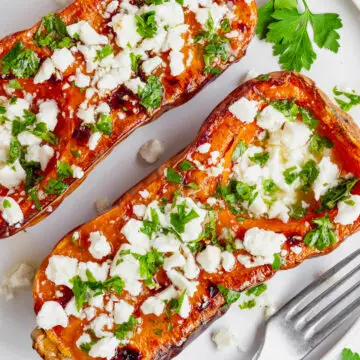 Baked Butternut Squash with Feta and lemon herb dressing - parsley and coriander dressing