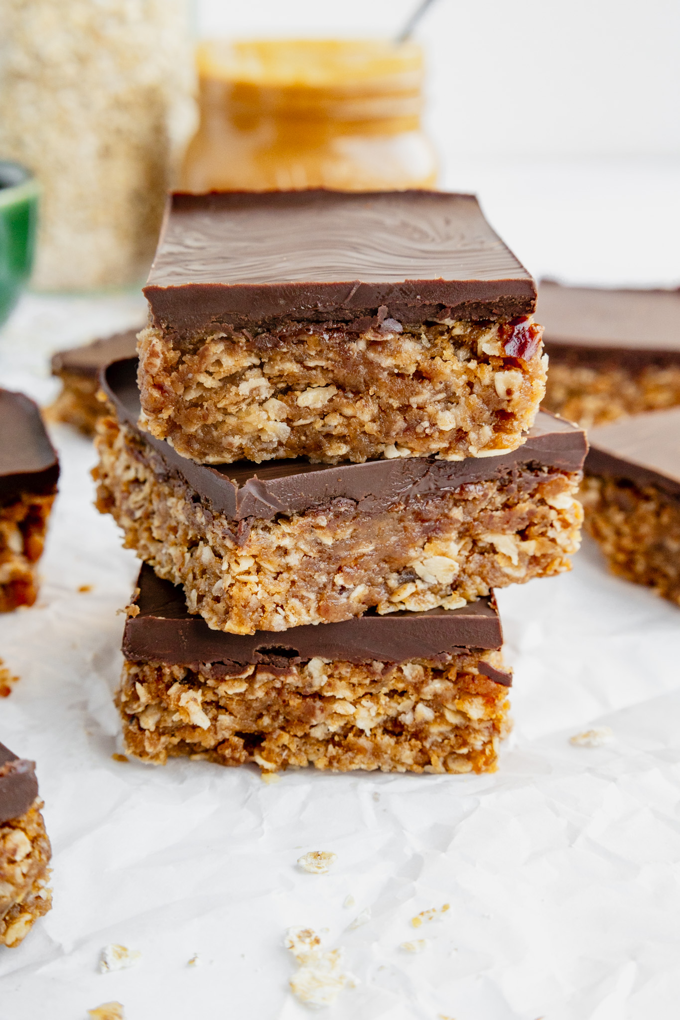 peanut butter date oat bars - with chocolate