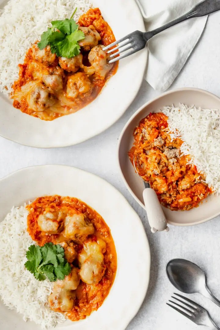 Family meals suitable for baby weaning and toddlers - beef meatballs with rice