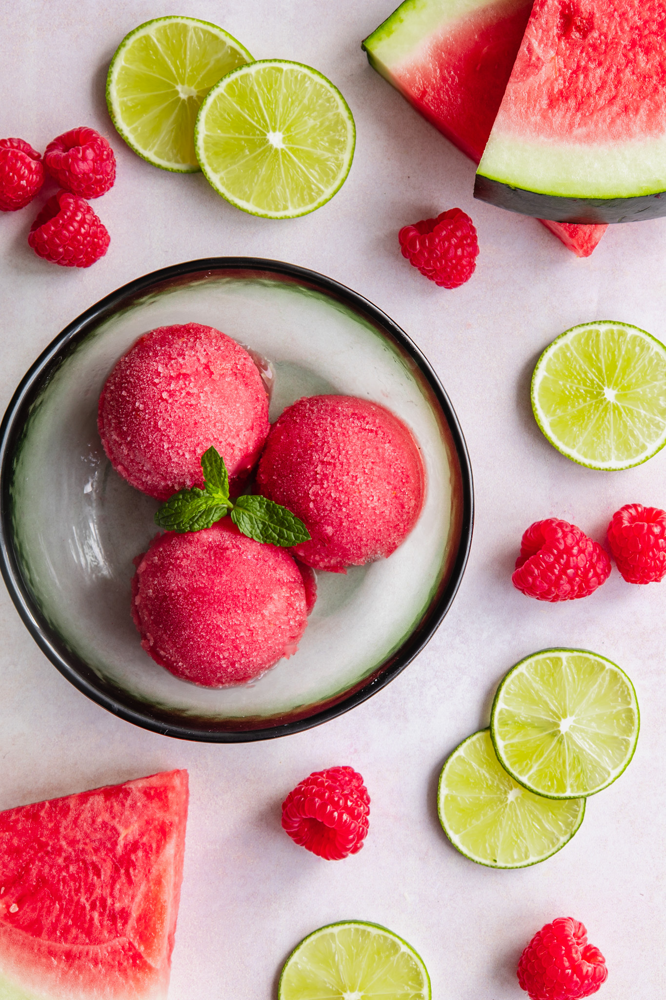 Watermelon Raspberry Sorbet with mint and lime