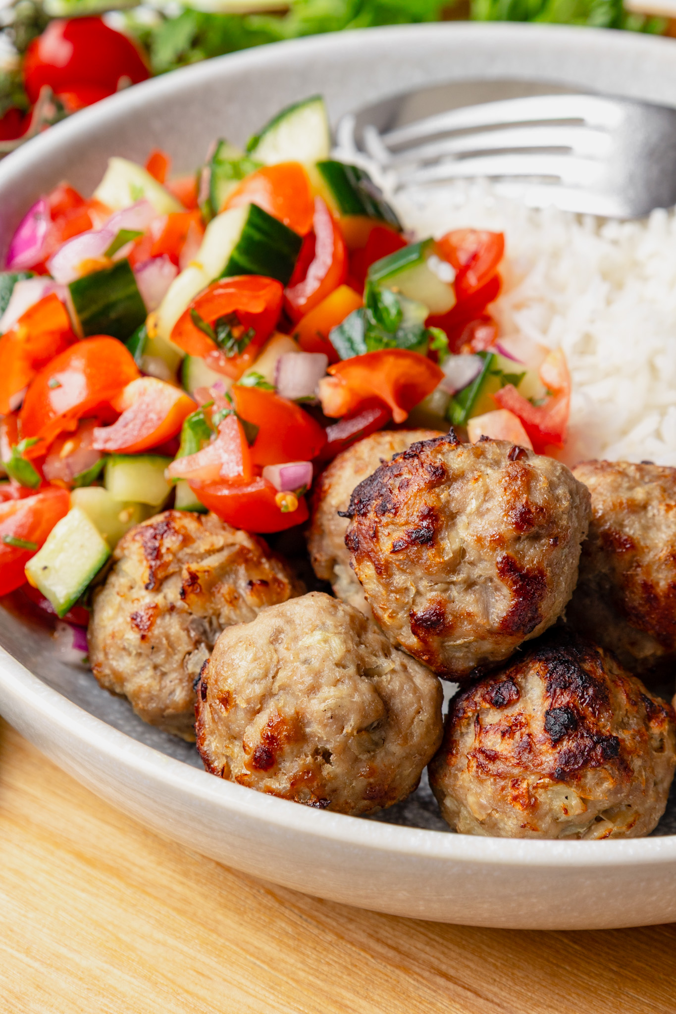 lamb meatball bowl with persian shirazi salad