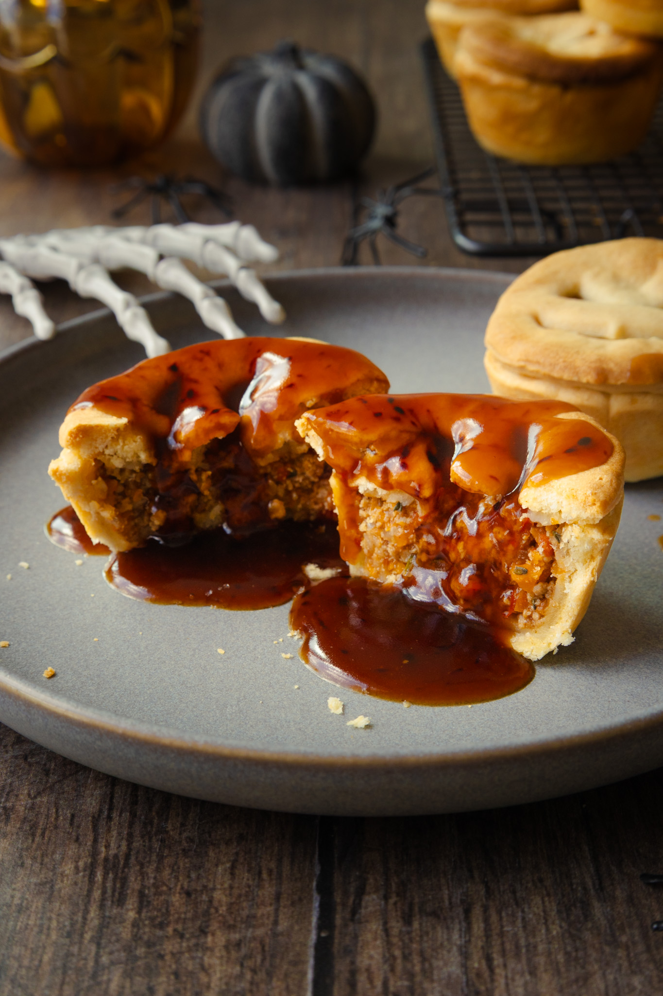 Pies with gravy poured over