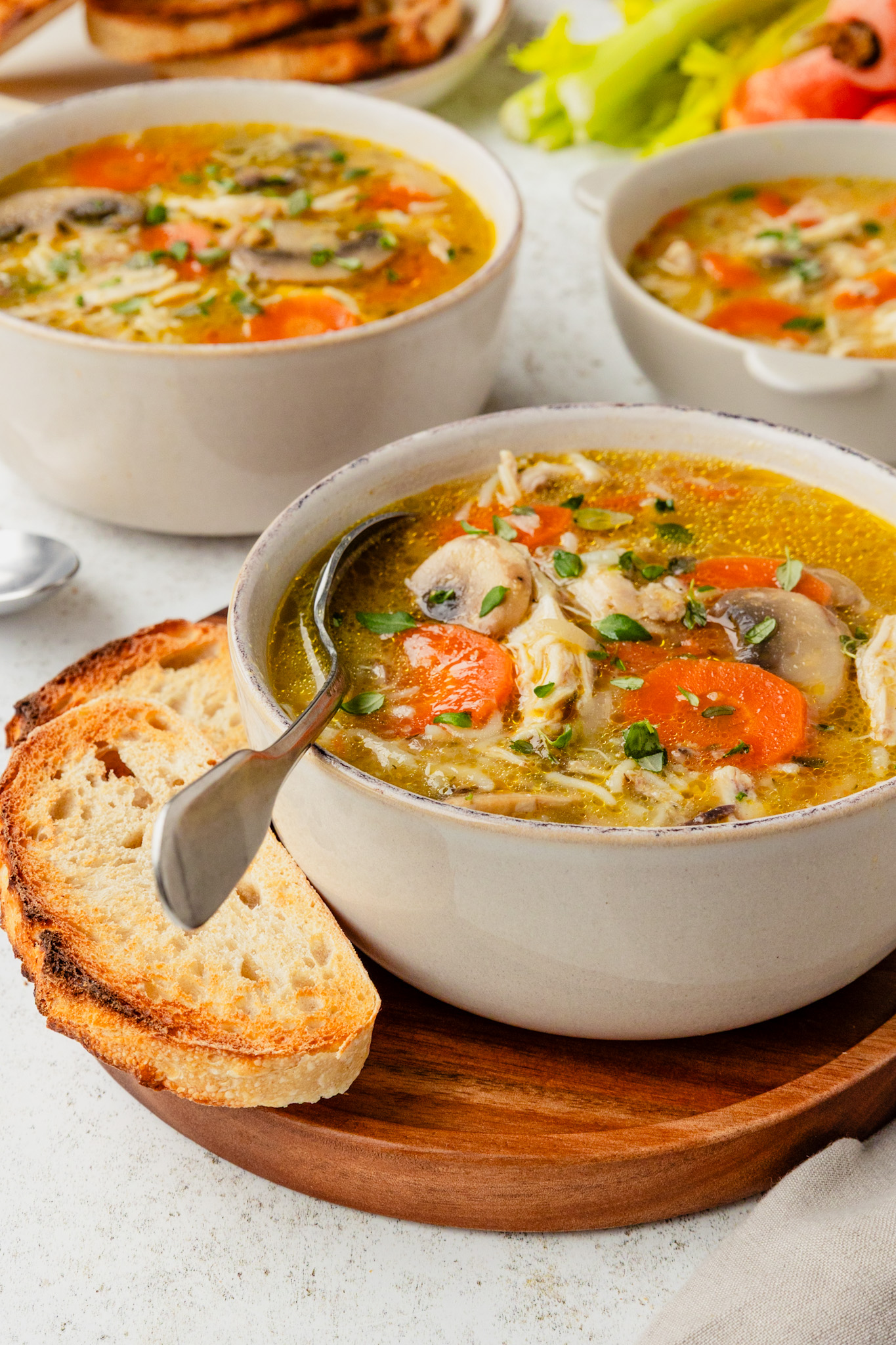 Chicken Vegetable and Rice Soup - with carrots, mushrooms and celery