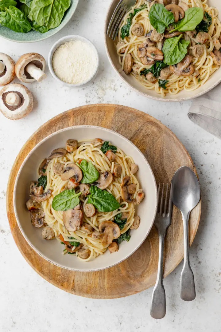 Carbonara with Sausage & Mushrooms and spinach