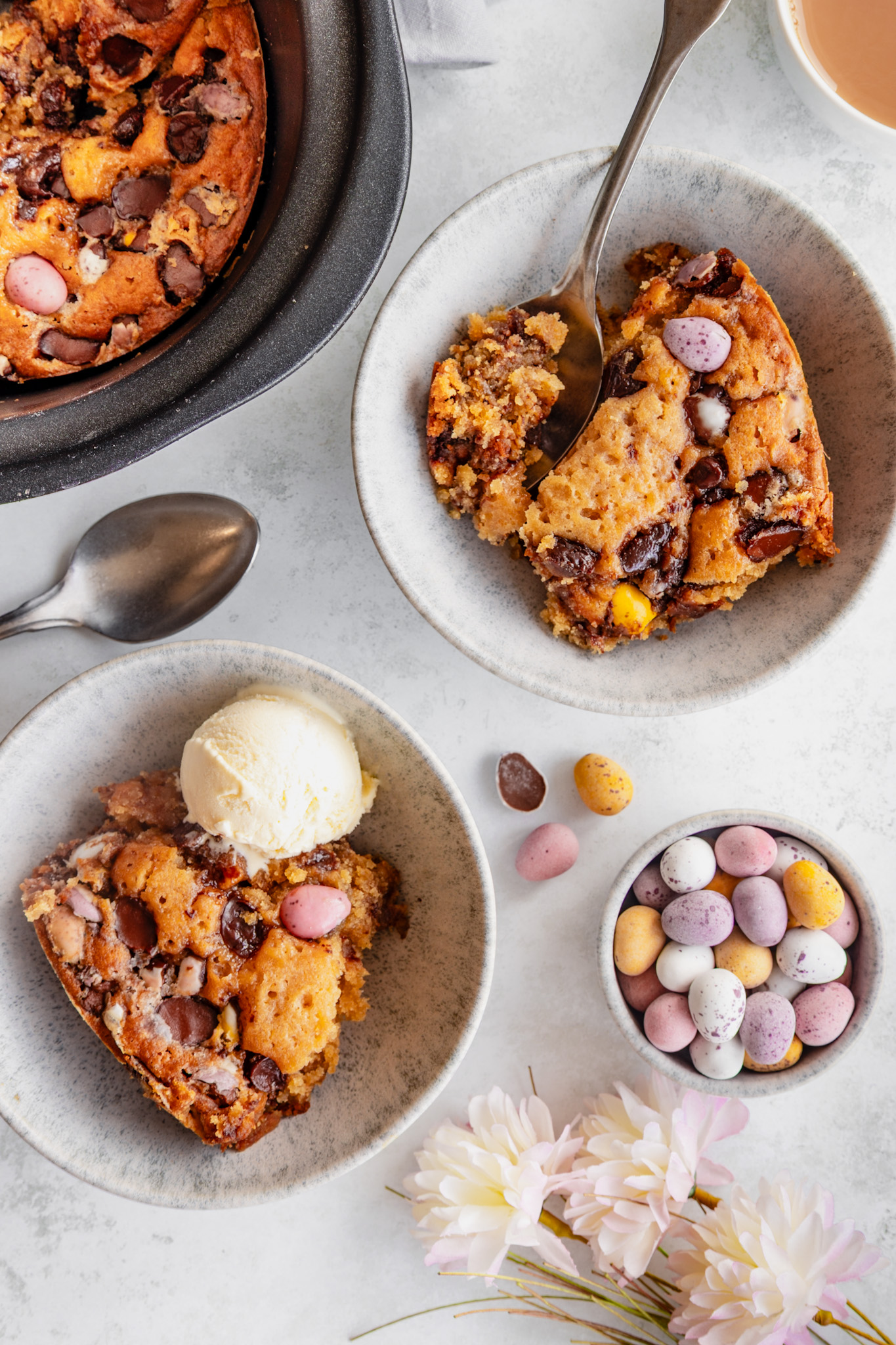 Mini Egg Slow Cooker Pudding with vanilla ice cream