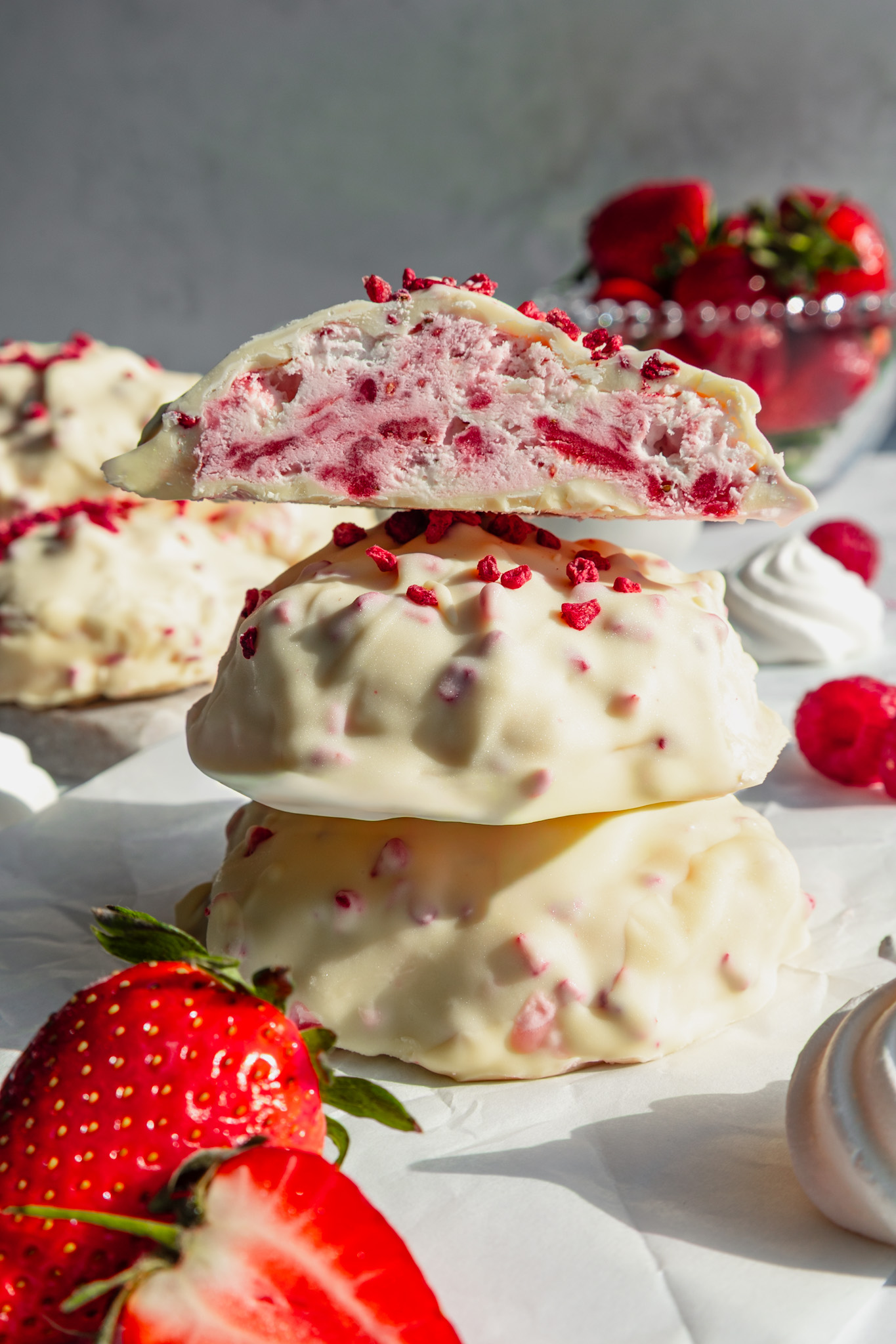 Eton Mess Ice Cream Clusters coated in white chocolate