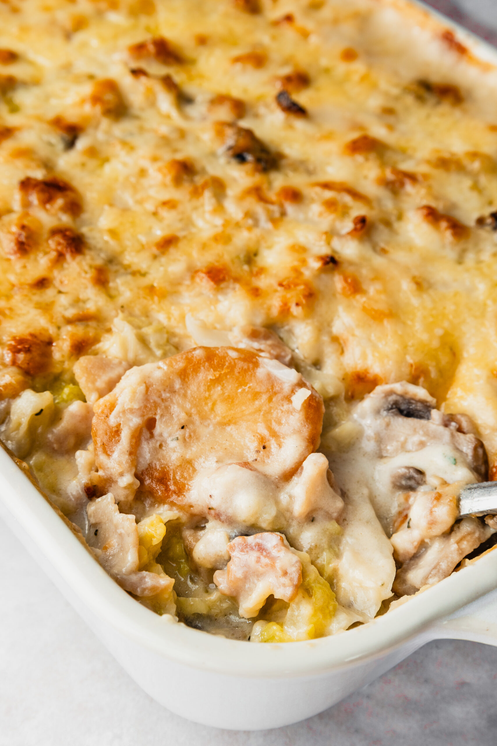 Roast potato bake with bacon cabbage and mushrooms